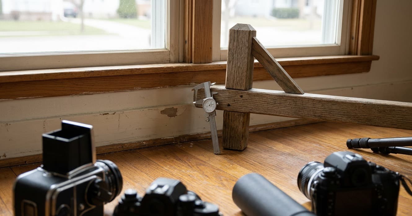 Cameras on a wood floor by a window, with a chipped baseboard in plain view