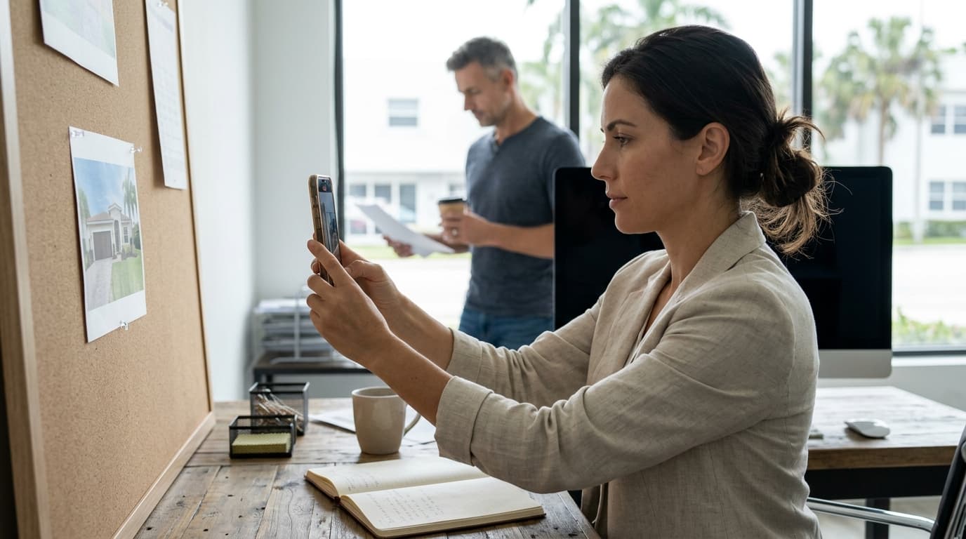 Real estate agent at her office desk recording with her phone held vertically