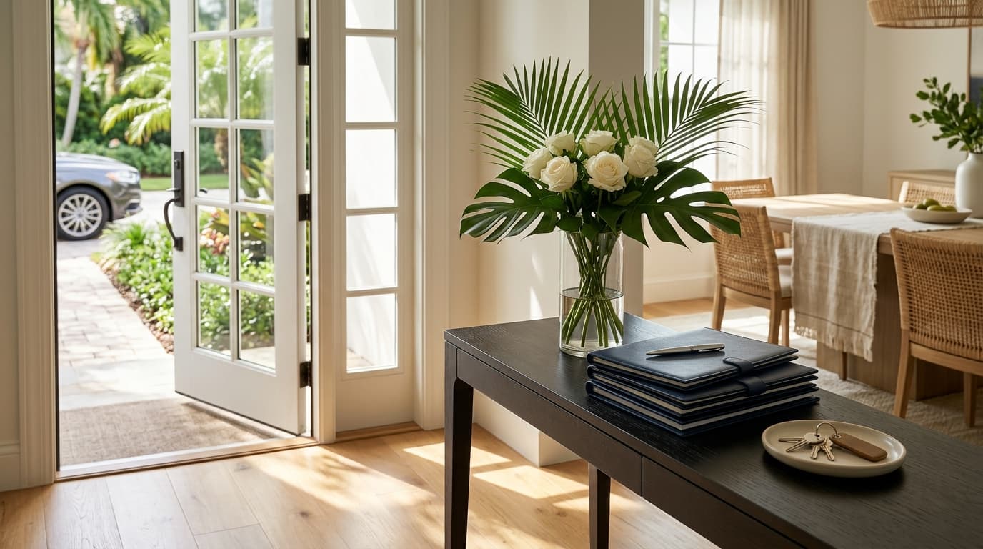 Sunny entryway with the front door open to a garden walkway and palms, white roses on a dark console table beside closed leather folios and a set of house keys