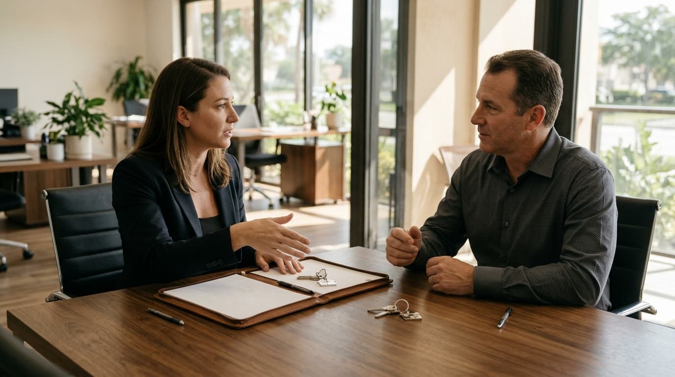 A title professional and real estate agent reviewing a residential transfer across a closing table