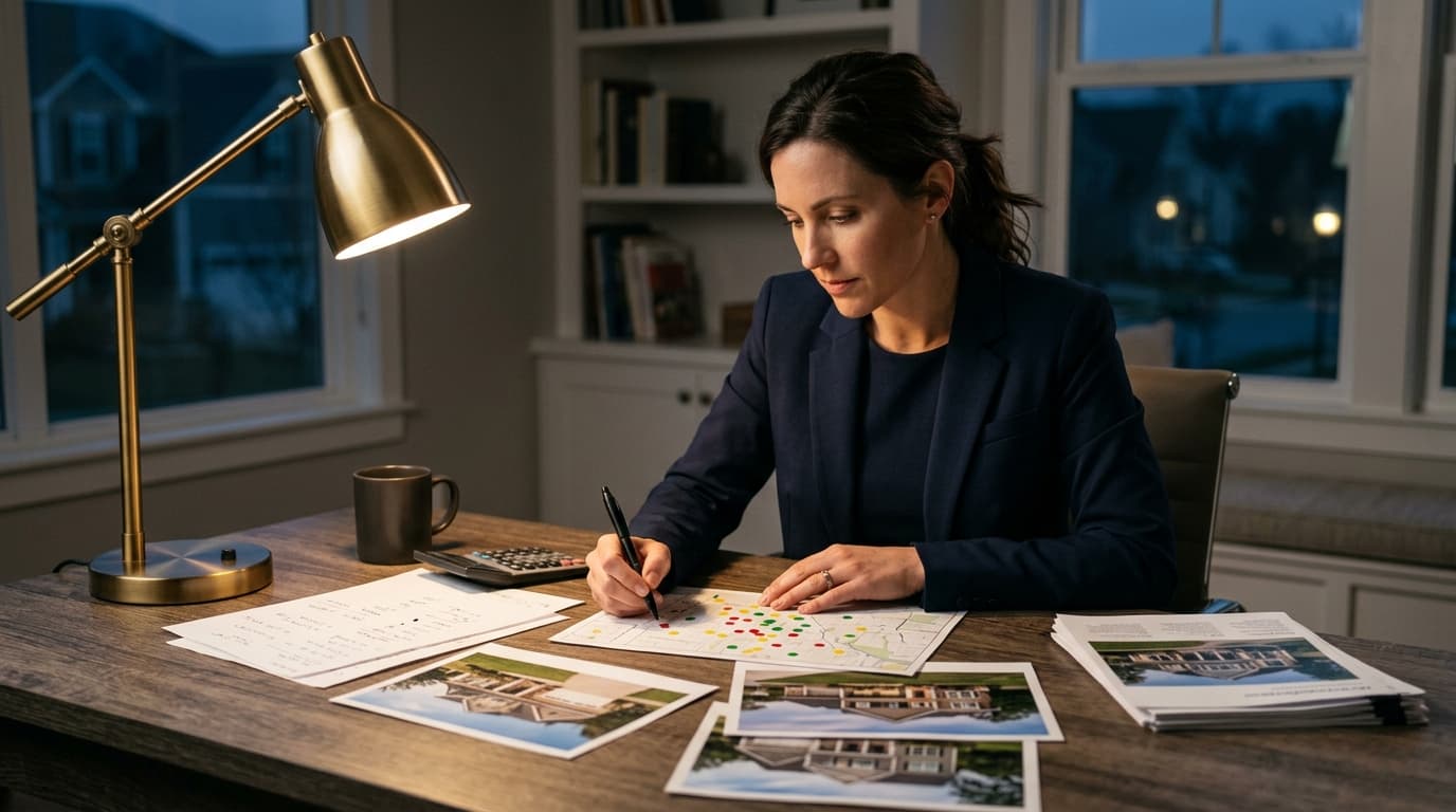 Listing agent marking comparable sales on a neighborhood map beside printed property photos and a calculator in the evening
