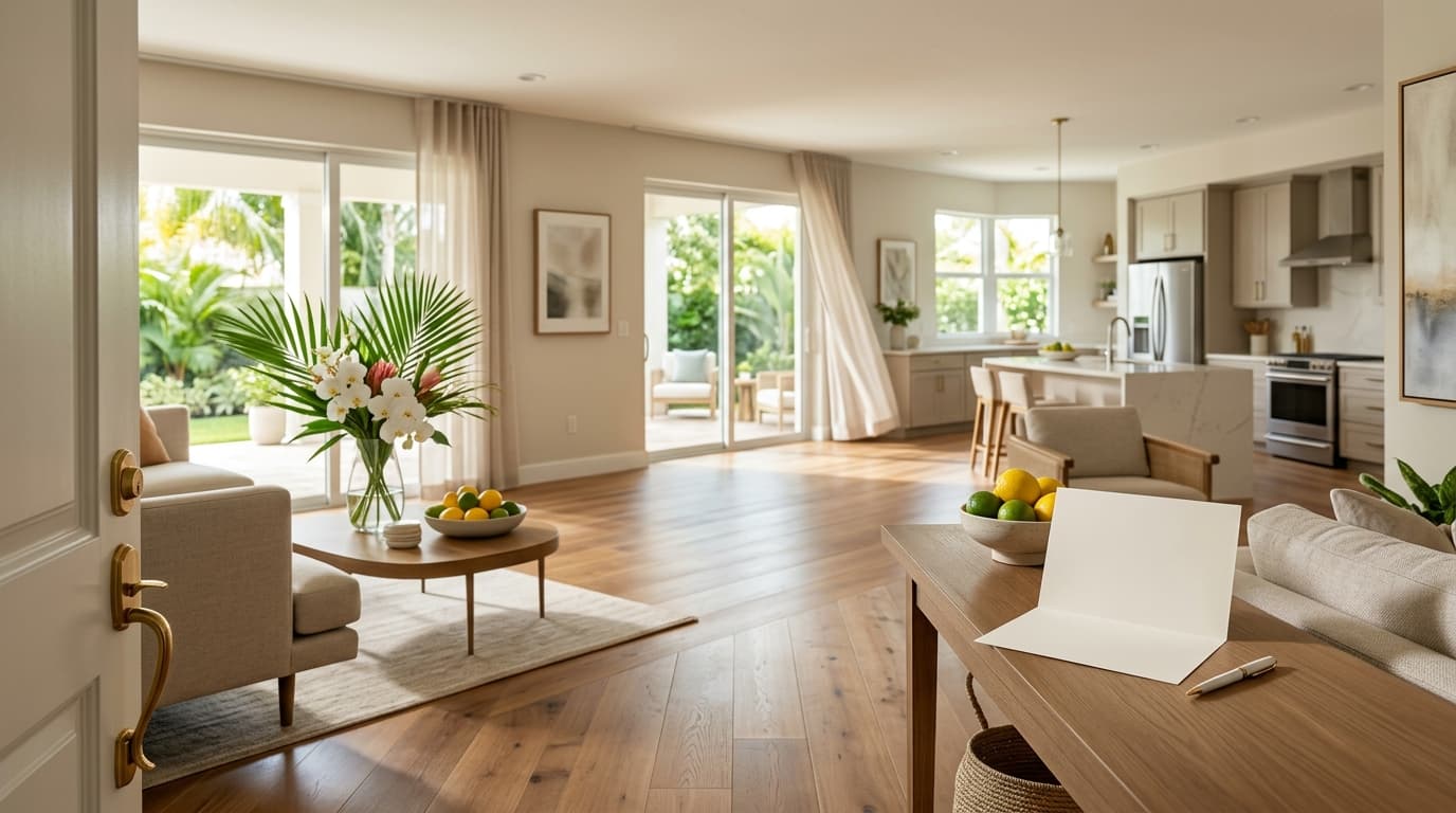 Bright staged living room and kitchen seen through an open front door, with flowers and bowls of lemons set out for an open house