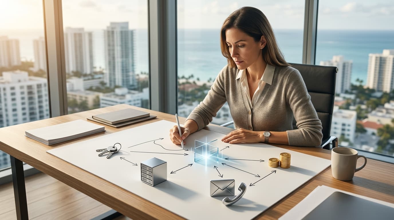 Real estate agent drawing a map of how her tools connect, at a desk with a view of the city and the ocean