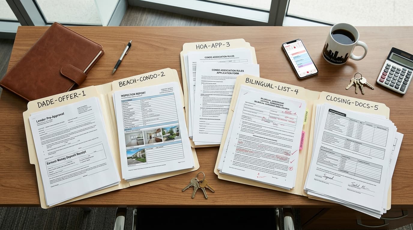 Bird's-eye view of a real estate agent's desk with five deal folders fanned out showing different transaction stages, including lender documents, inspection reports, and a Spanish-language disclosure