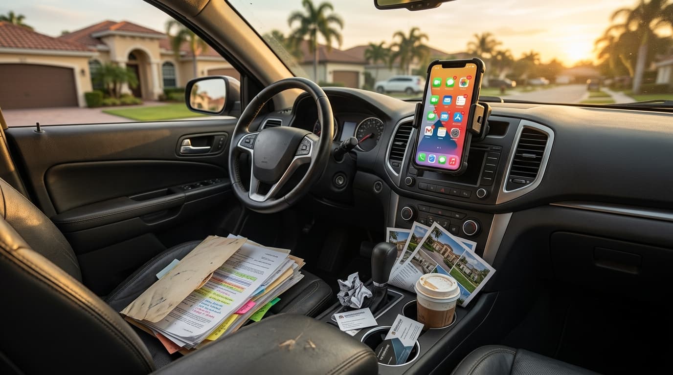 A real estate agent's car dashboard with a phone in a mount showing multiple notification badges, property flyers on the passenger seat, and a suburban street visible through the windshield in late afternoon light.