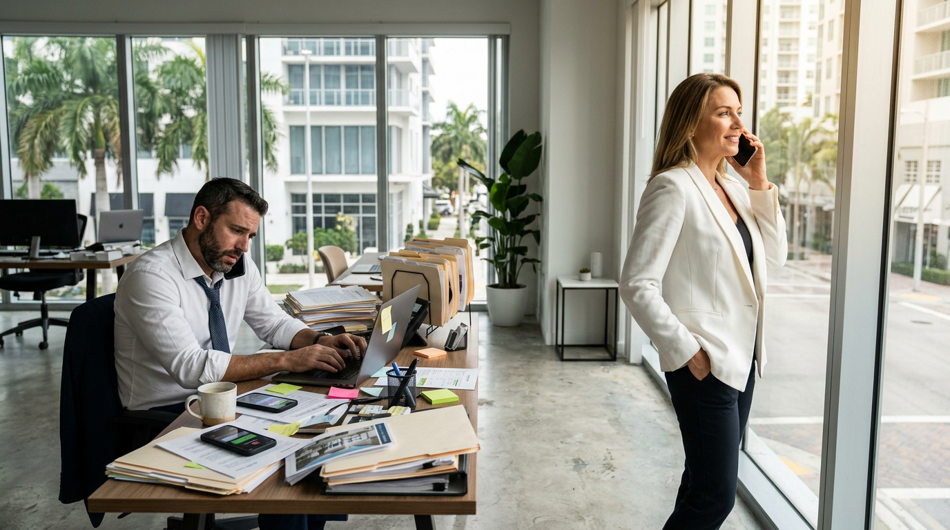 Two agents in the same modern real estate office — one buried at a desk surrounded by paperwork and sticky notes, the other standing calmly near a window with phone in hand, natural light, editorial photography