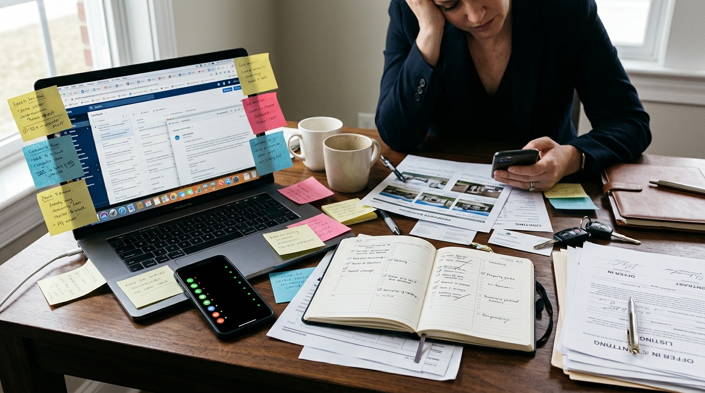 A real estate agent's cluttered desk with a phone showing multiple notification badges, a laptop with many browser tabs open, sticky notes scattered around the monitor, and a planner open mid-page — shot in tight crop with natural light and slight visual chaos.