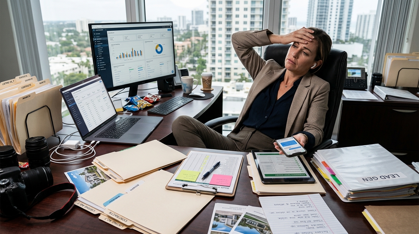 A real estate agent at a cluttered desk with a phone showing a client text, laptop open to a CRM, tablet displaying a document for review, and a printed contract with sticky notes — conveying the visual weight of occupying too many operational roles at once.