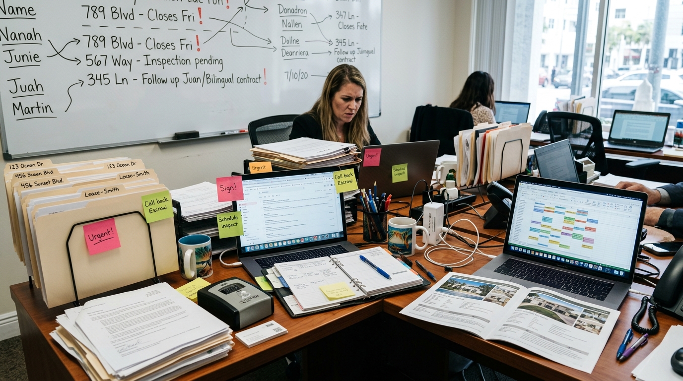 A small shared office desk with two laptops open, overlapping sticky notes, and a whiteboard in the background with deal names and arrows pointing in conflicting directions — visual chaos of a small team without operational structure