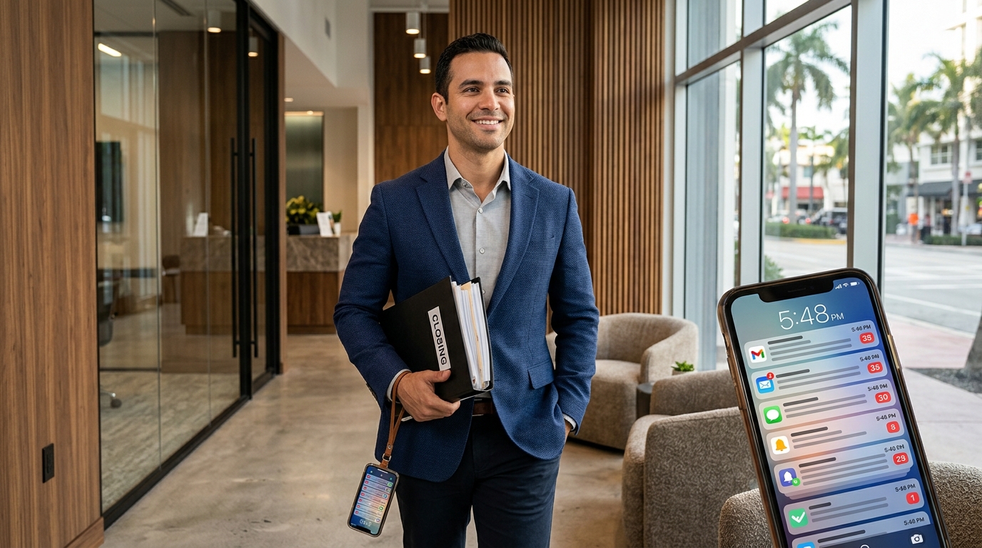 A real estate agent walking out of a closing with a satisfied expression, contract folder in hand, while their phone screen shows a cascade of unread messages and missed notifications