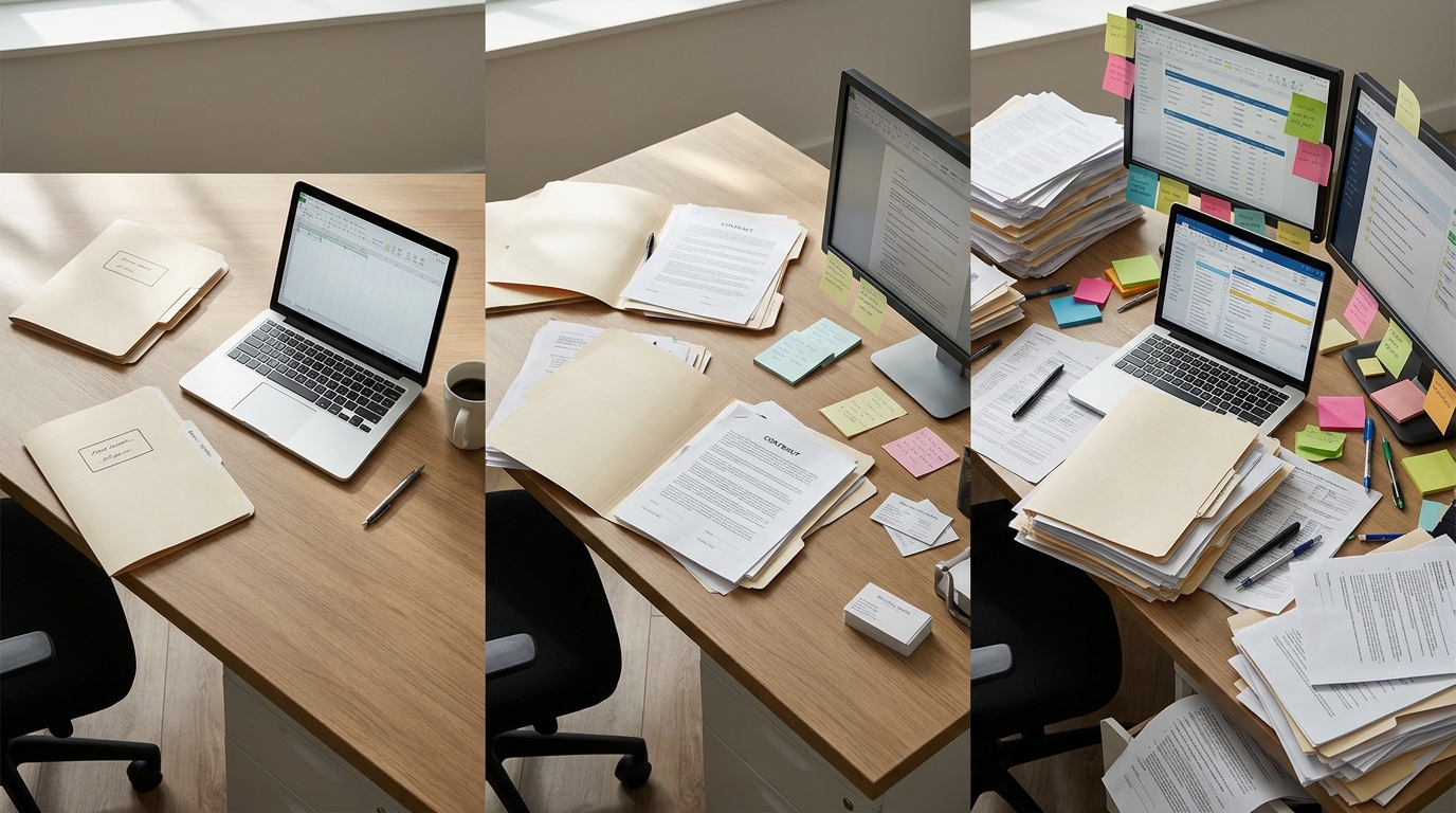 Three side-by-side desk setups showing volume progression — one clean desk with a single folder, one moderately cluttered with several open files, and one overwhelmed with stacked documents, multiple screens, and sticky notes