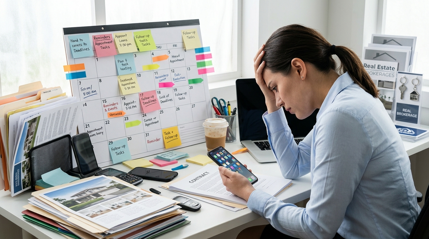A real estate agent's desk with overlapping sticky notes on a calendar, a phone showing notification badges, and a laptop with many open browser tabs — conveying systemic overwhelm in natural window light