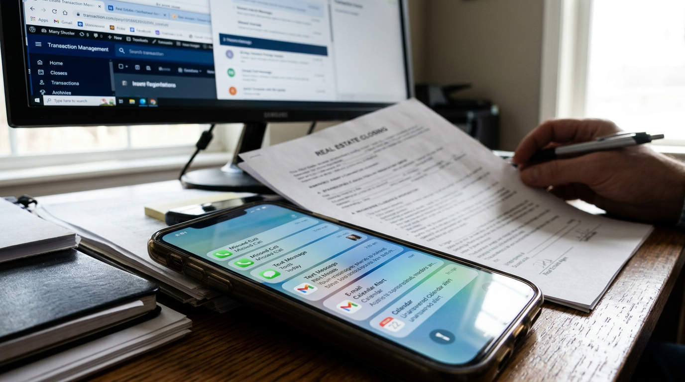 Close-up of a real estate agent's phone screen showing a cluster of unread messages and missed calls, with a blurred closing document on the desk behind it