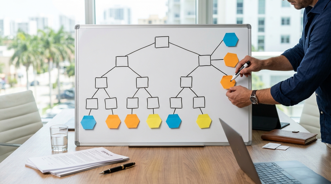 Overhead photo of a whiteboard with a hand-drawn decision tree, sticky notes at each node, and a dry-erase marker nearby in a bright conference room