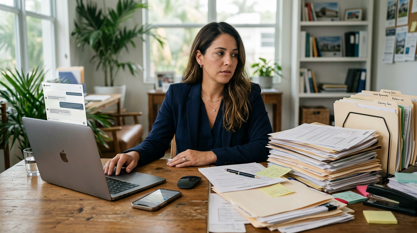 A real estate agent sitting at a desk with a laptop open to a chat interface on one side, while the other side of the desk is stacked with physical paperwork, folders, and sticky notes — natural office lighting contrasting the digital tool with the untouched manual workload.