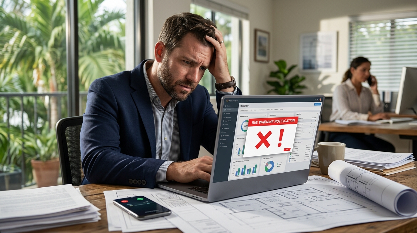 A real estate agent looking at a laptop screen with a frustrated expression after an automated notification produced an unexpected result