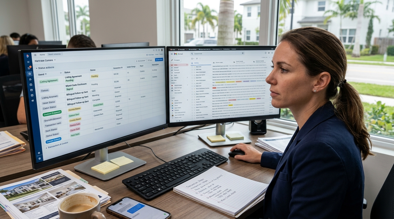 Split-screen view of a real estate agent's workspace — one side showing a neatly organized digital document tracker, the other showing a cluttered email inbox full of unread messages
