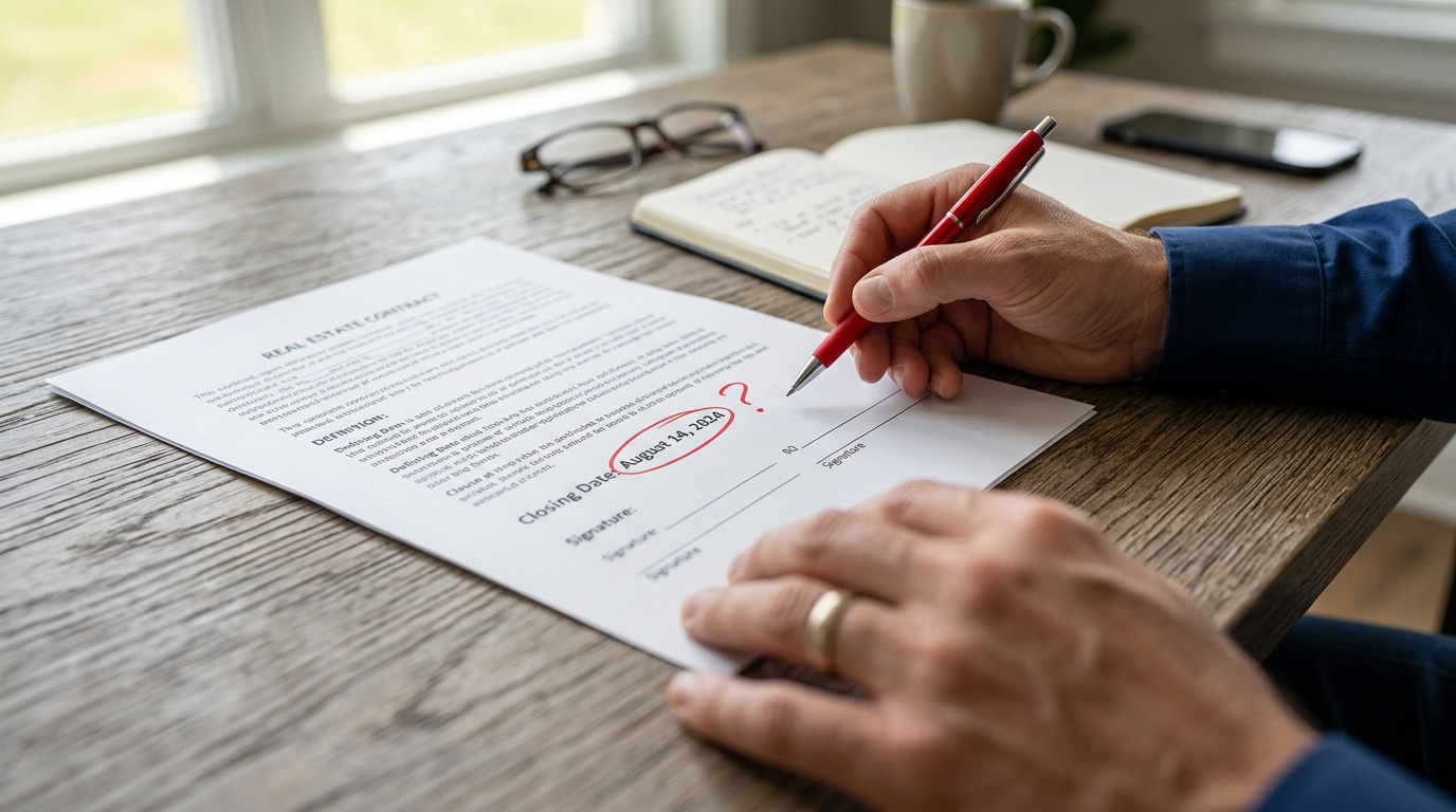Close-up of a real estate contract on a desk with a date circled in red ink and a question mark written beside it, suggesting a caught error before it caused damage