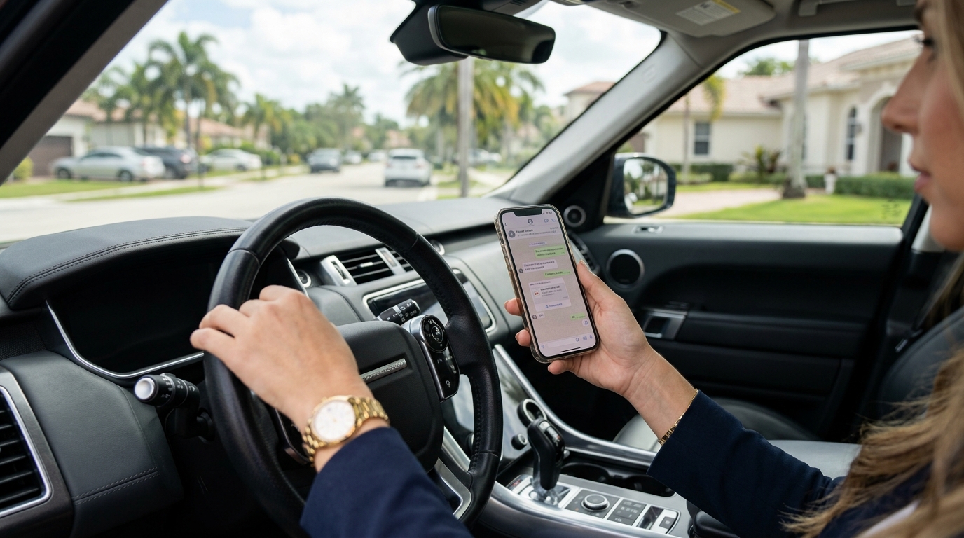 Real estate agent's hand holding a phone with WhatsApp open showing a forwarded PDF, sitting in a car between showings with natural daylight and a slightly blurred dashboard in the background