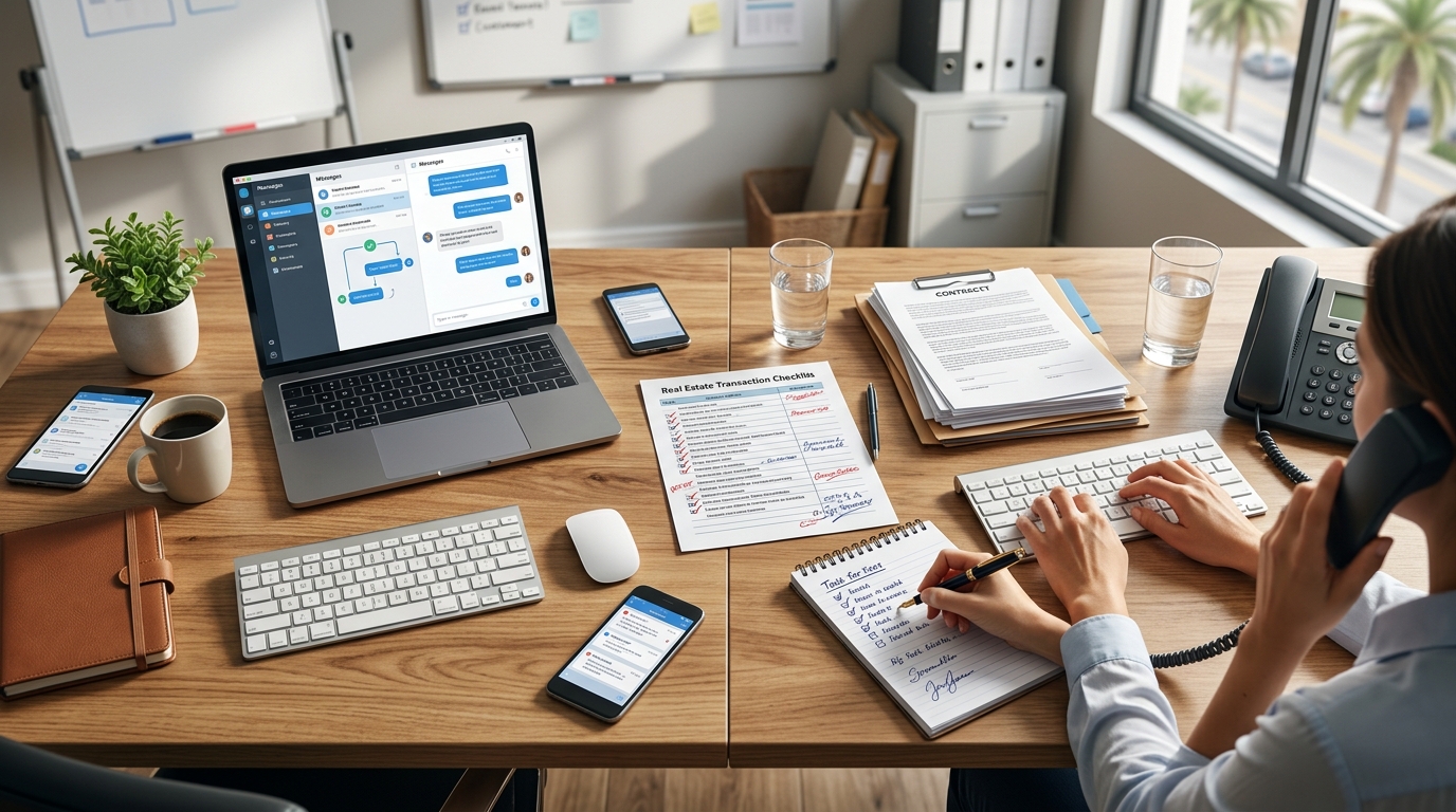 Overhead desk photo with a laptop showing a messaging interface on one side and a notepad with handwritten notes and phone on the other, bridged by a printed transaction checklist