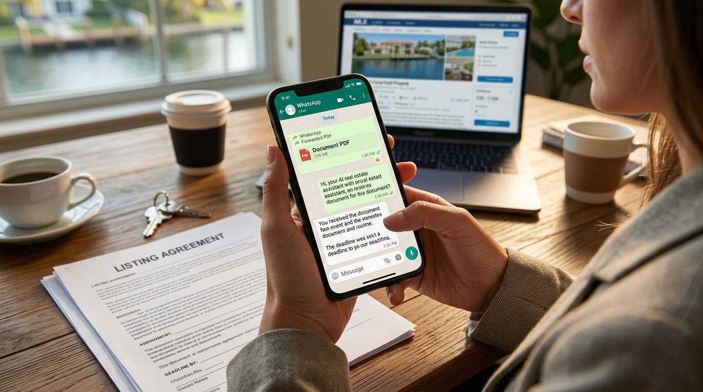 Agent's hand holding a phone showing a WhatsApp conversation with a forwarded PDF and a reply confirming the document was logged and deadline set