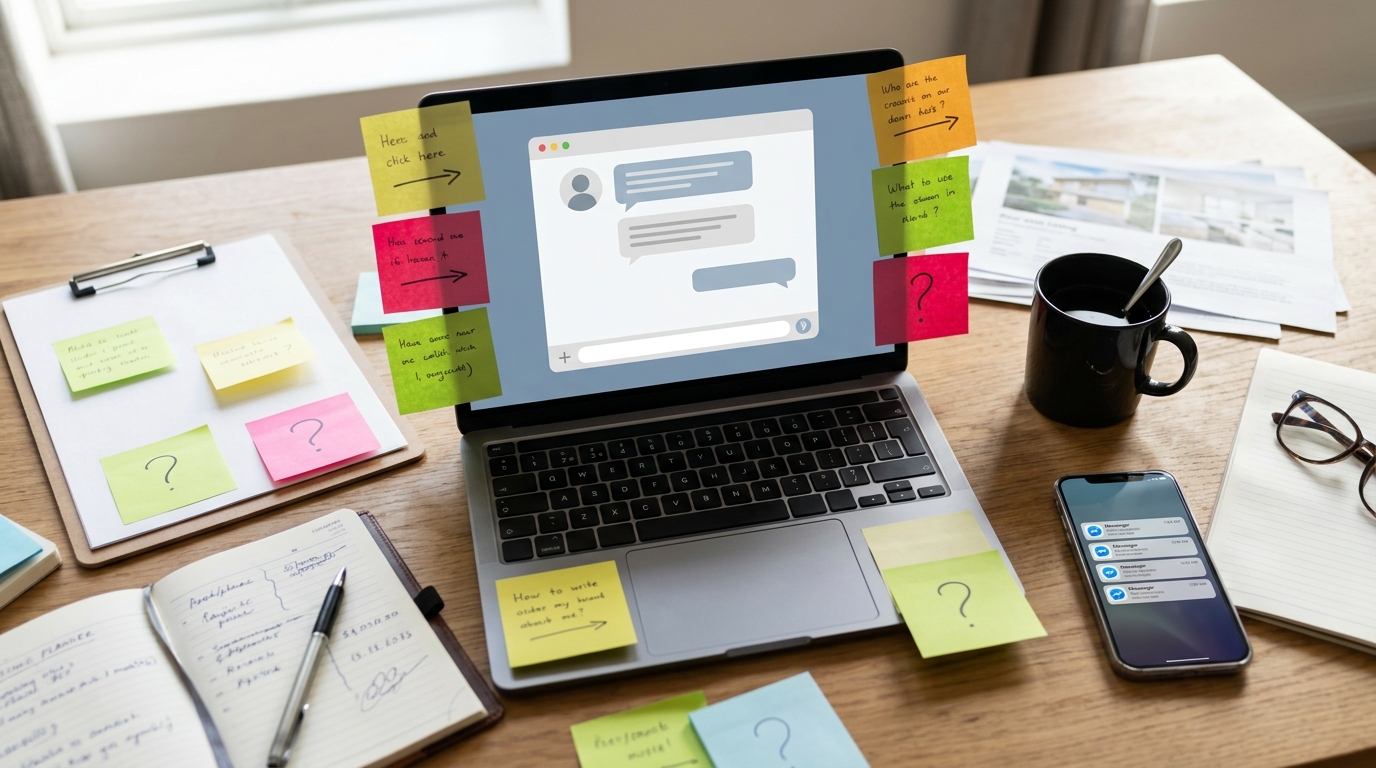 Overhead shot of a real estate agent's desk with a laptop showing an AI chat interface, surrounded by sticky notes, a coffee mug, and a phone with message notifications in natural daylight