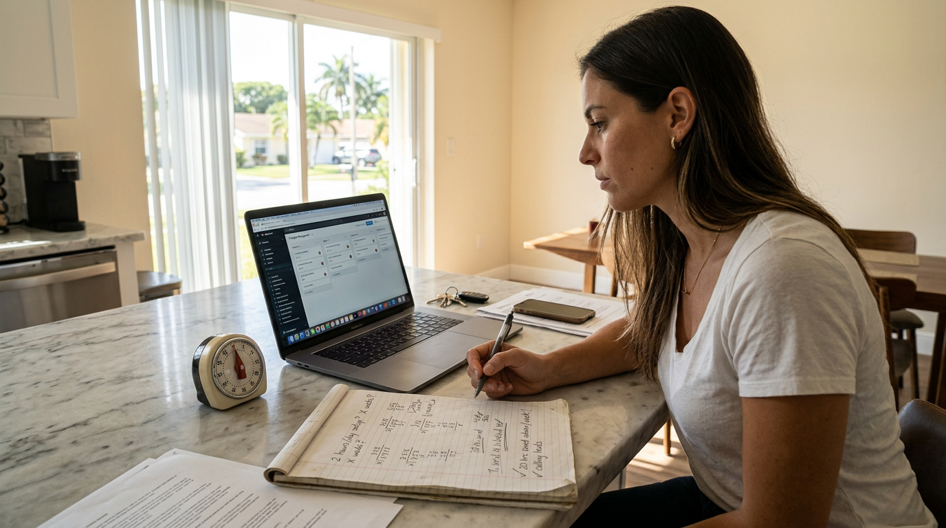 Real estate agent at a kitchen counter with a laptop, a clock nearby, and a notepad with simple math scratched out, calculating whether a new tool is worth the time investment