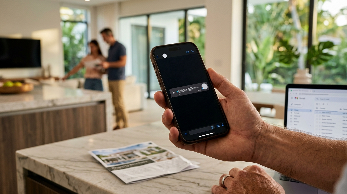 Close-up of a real estate agent's hand holding a phone displaying a WhatsApp voice note waveform, with a blurred property showing in the background