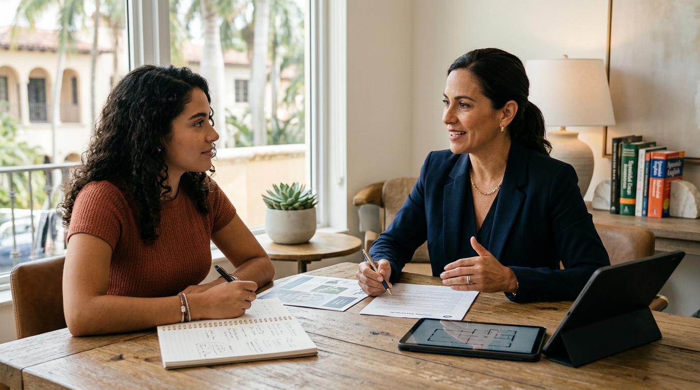Two people sitting across a table during a consultation with a notebook and tablet visible, warm natural light from a window, professional but relaxed setting