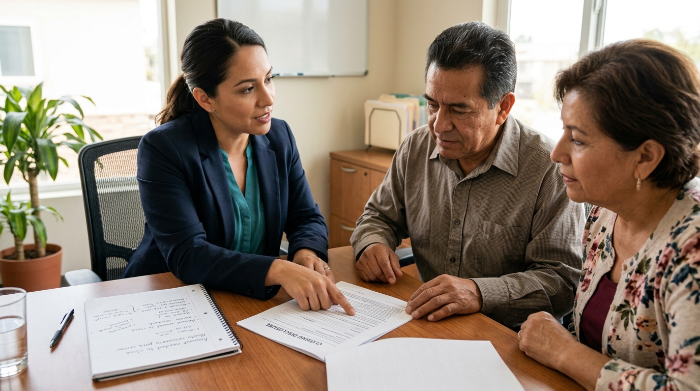A bilingual real estate agent sitting across a table from a couple, pointing to a section of a multi-page financial document, with a notepad showing handwritten notes in both English and Spanish beside the document