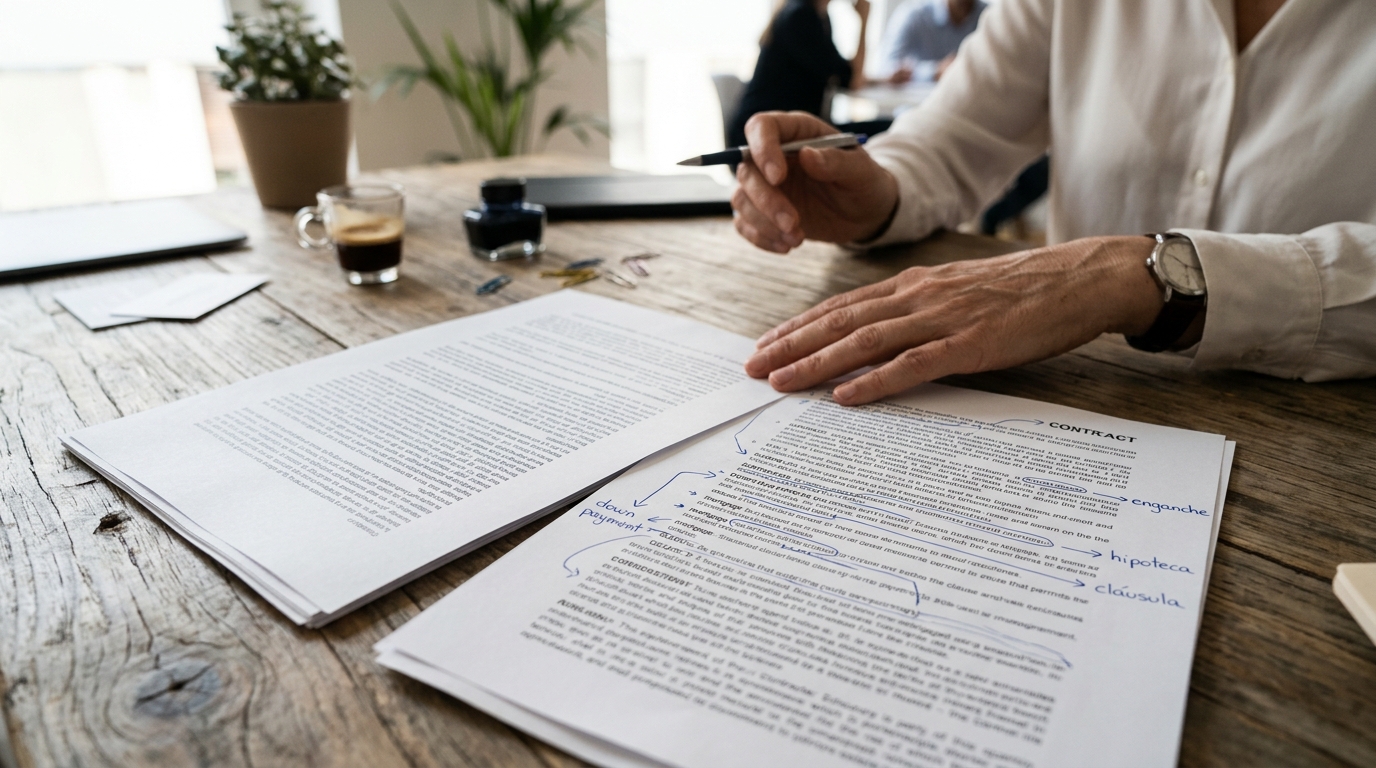 Close-up of two overlapping documents on a desk — one in English, one with Spanish annotations in pen — with a real estate agent's hand resting between them