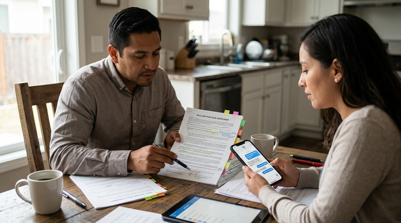 Two people at a kitchen table reviewing real estate documents together, one pointing at a contract line while the other checks a WhatsApp message in Spanish on their phone