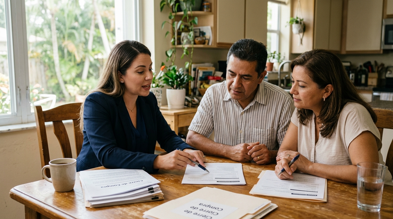 A bilingual real estate agent sitting across a kitchen table from a Hispanic couple, pointing to a line on a printed closing document under warm natural light, the couple leaning in attentively