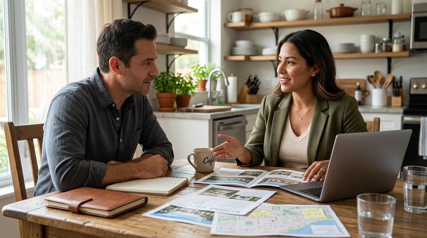 Two people sitting across from each other at a kitchen table with property printouts and a laptop, one gesturing while explaining during an early-stage real estate conversation