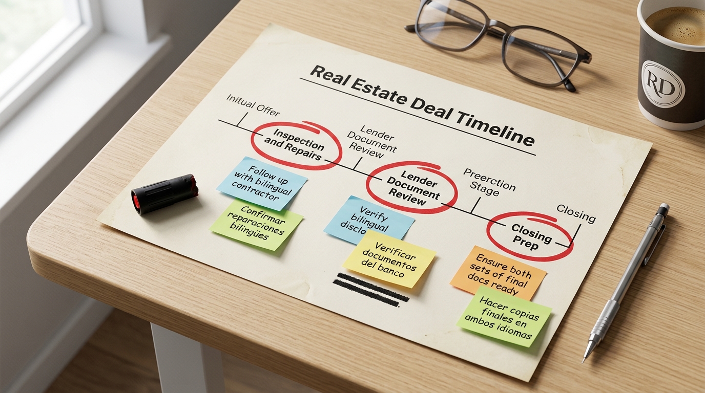 Close-up of a printed deal timeline on a desk with stages circled in red marker and bilingual sticky notes in English and Spanish attached at each circled friction point