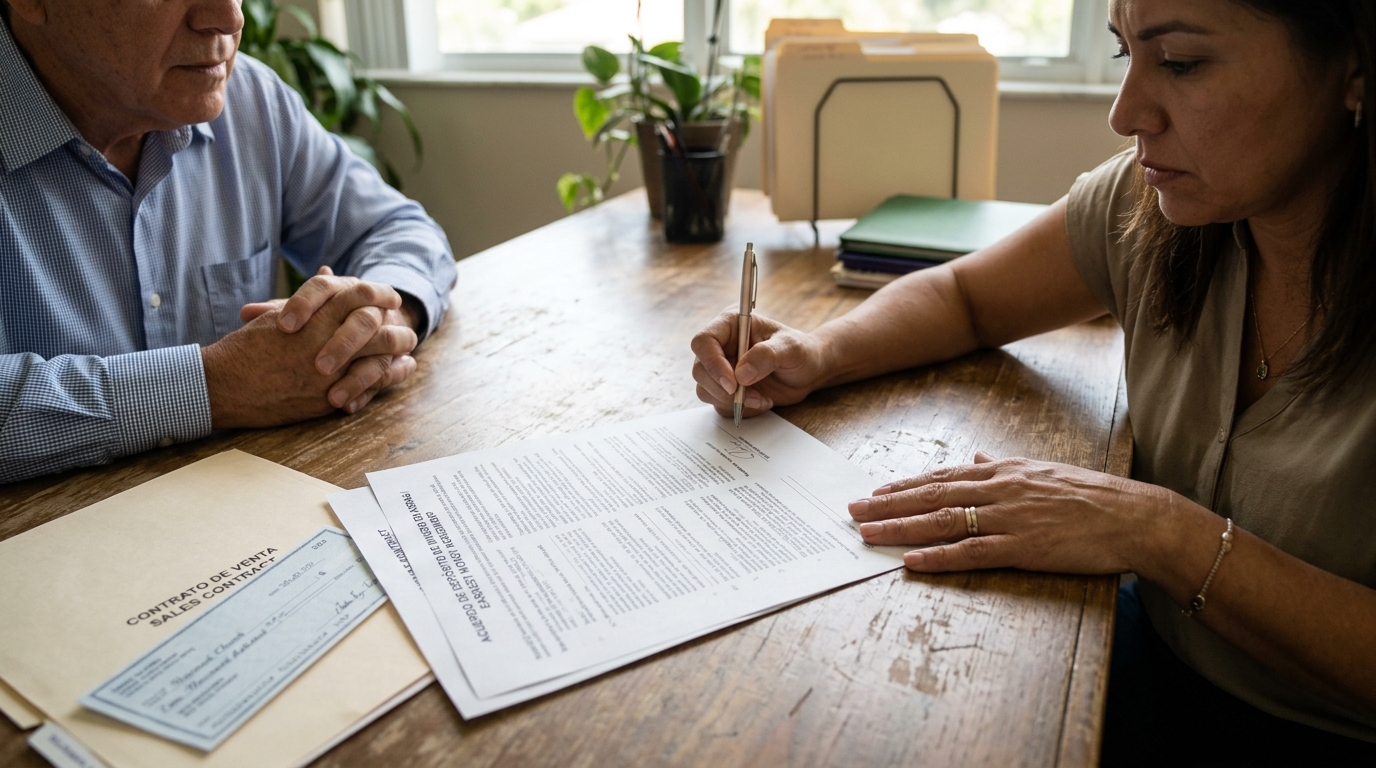Close-up of two hands at a table — one holding a pen paused above a contract, the other resting flat on the page as if bracing — with earnest money documents partially visible in natural office light