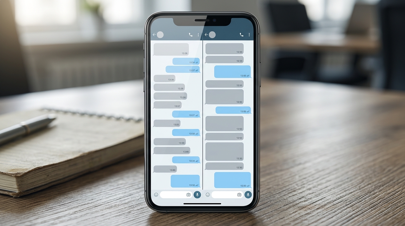 Close-up of a smartphone screen showing two WhatsApp conversation threads side by side — one in English and one in Spanish — with noticeably different message densities and response patterns, natural lighting with shallow depth of field