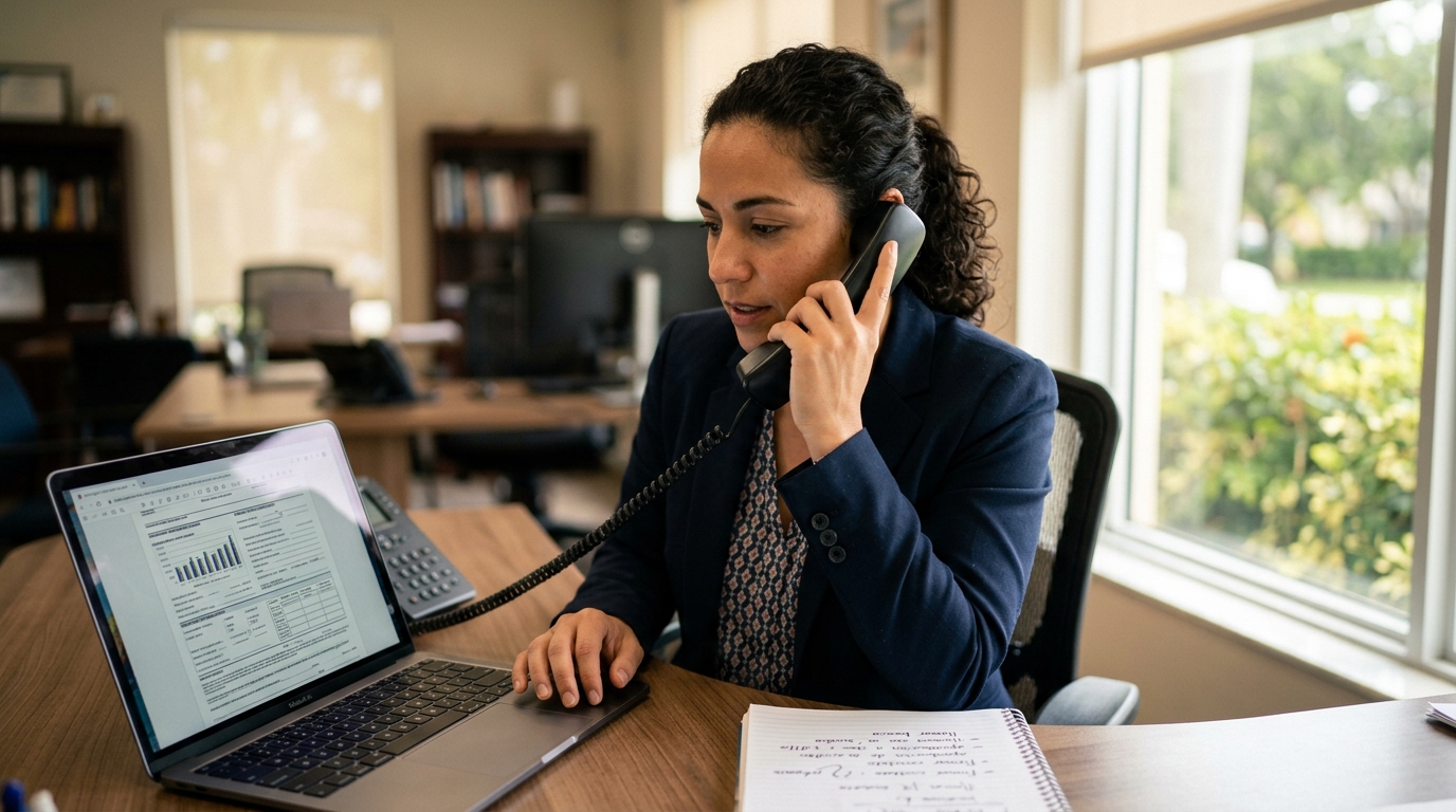 A bilingual real estate agent at a desk with a phone to their ear, a laptop showing a mortgage document, and a notepad with handwritten Spanish notes in warm natural light