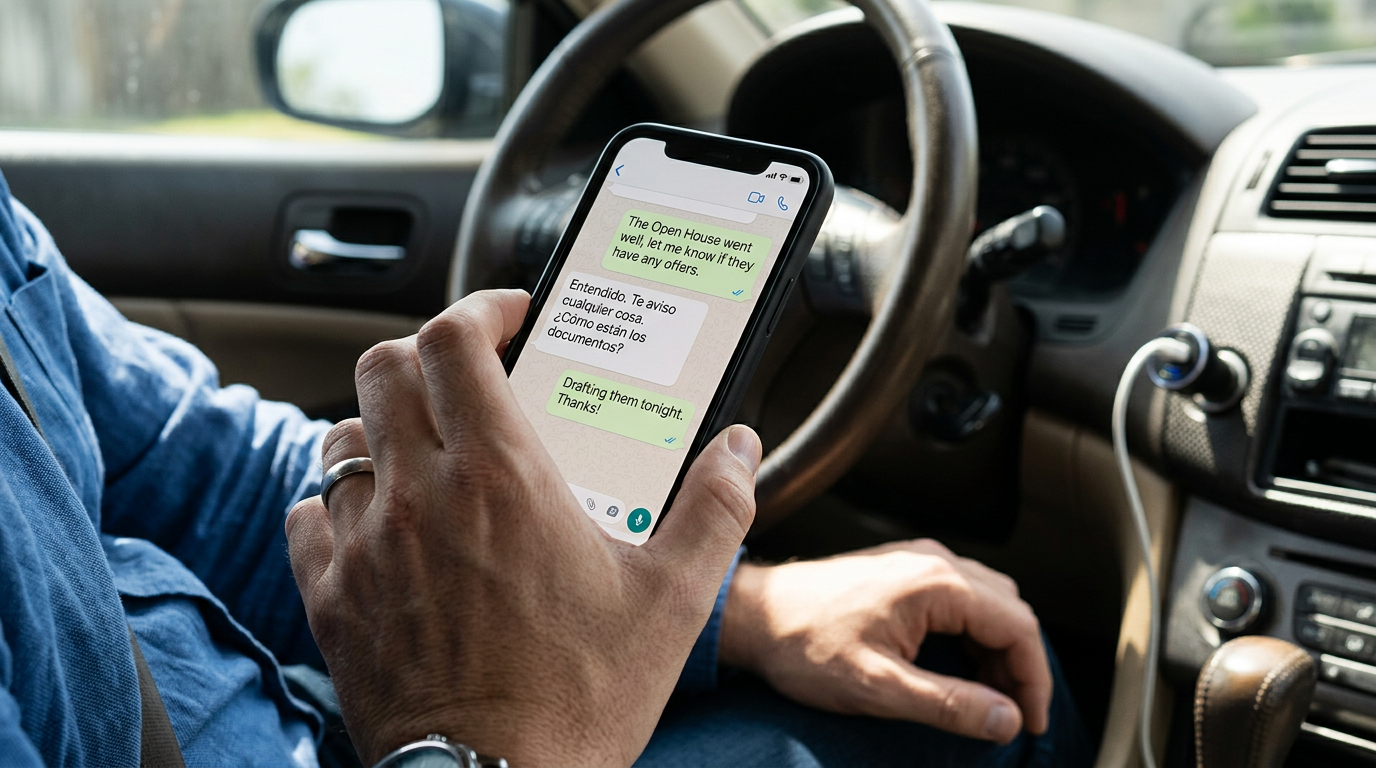 Close-up of a real estate agent's hand holding a phone showing a WhatsApp conversation alternating between English and Spanish messages, sitting in a car between appointments with the dashboard blurred in the background