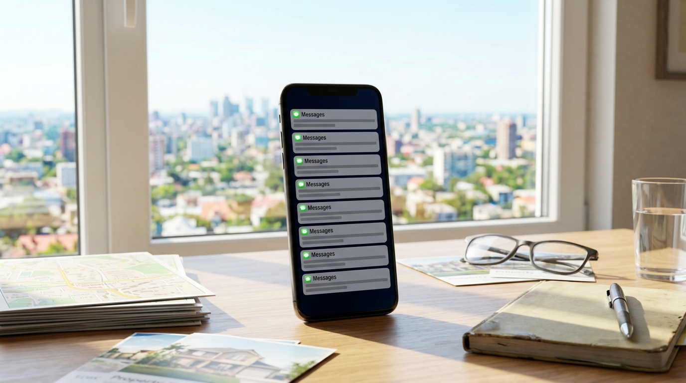 A real estate agent's phone on a sunlit desk showing multiple unread message notifications, with a summer cityscape visible through the window behind it