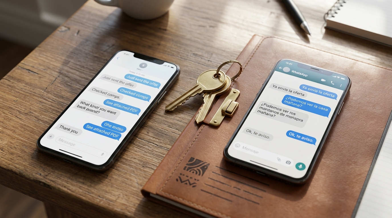 Two smartphones side by side on a desk — one showing an English text conversation, one showing a Spanish WhatsApp thread — with a real estate folder and keys between them, shot in natural light from above