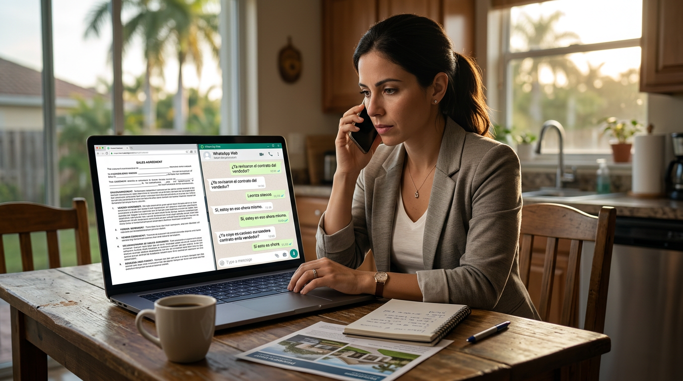 Real estate agent on a phone call at a kitchen table, with an open laptop showing an English document on one side and a WhatsApp conversation in Spanish on the other, capturing the relay work between vendor documents and client communication