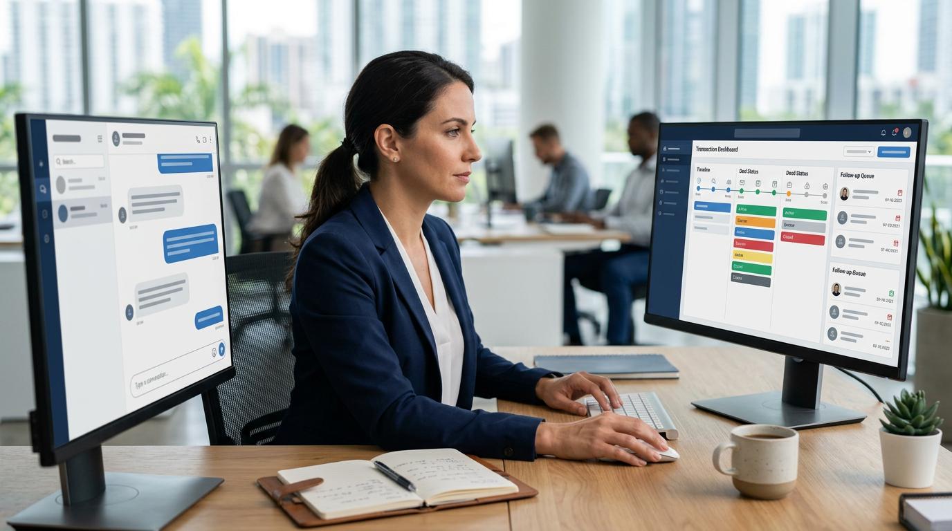 A real estate agent at a clean desk looking at a transaction dashboard on one monitor while a chat-style interface glows on the second monitor, natural office light, hyper-realistic editorial photography