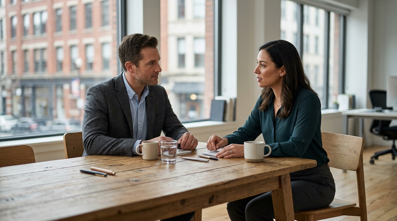 A real estate agent and brokerage administrator reviewing closing preparations at an office table