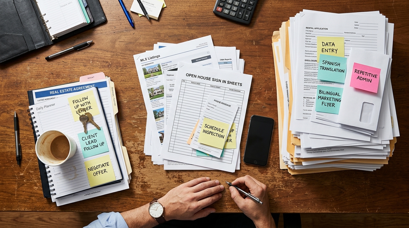 Overhead photograph of a real estate agent's desk with three clearly separated piles of paperwork — a small pile near the agent's hand, a medium pile pushed slightly away, and a large pile at the far edge — showing the visual imbalance of what agents hold onto versus what they could release.