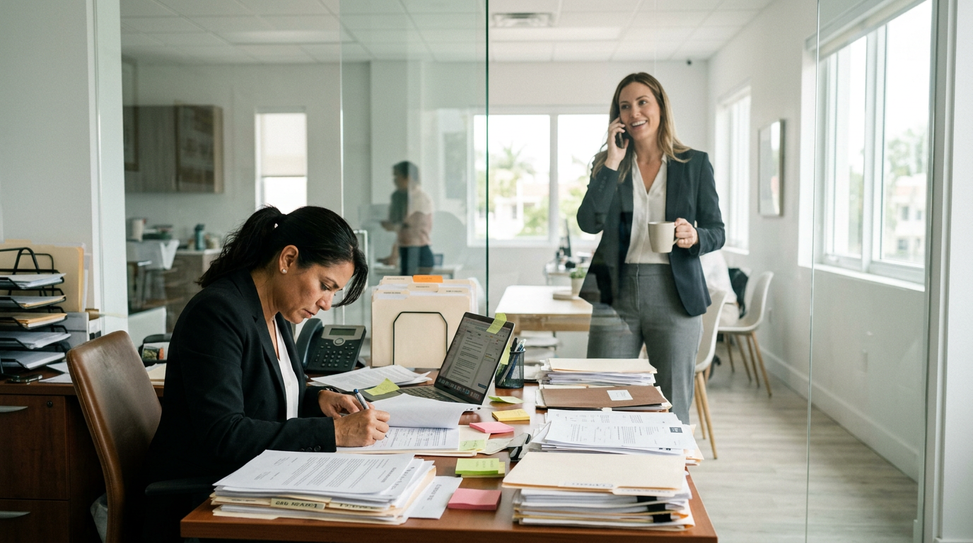 A real estate agent buried in paperwork at a cluttered desk while another agent stands relaxed behind a glass wall, focused on a phone conversation — contrasting working in the business versus working on it
