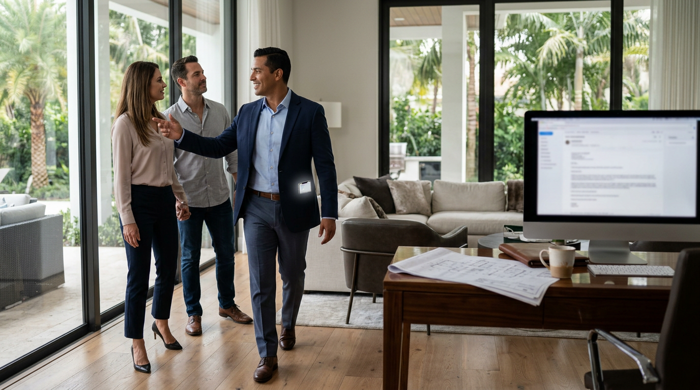 A real estate agent walking through a sunlit home with a client, phone tucked in their back pocket with a faint screen glow, suggesting a message was handled without them stopping.