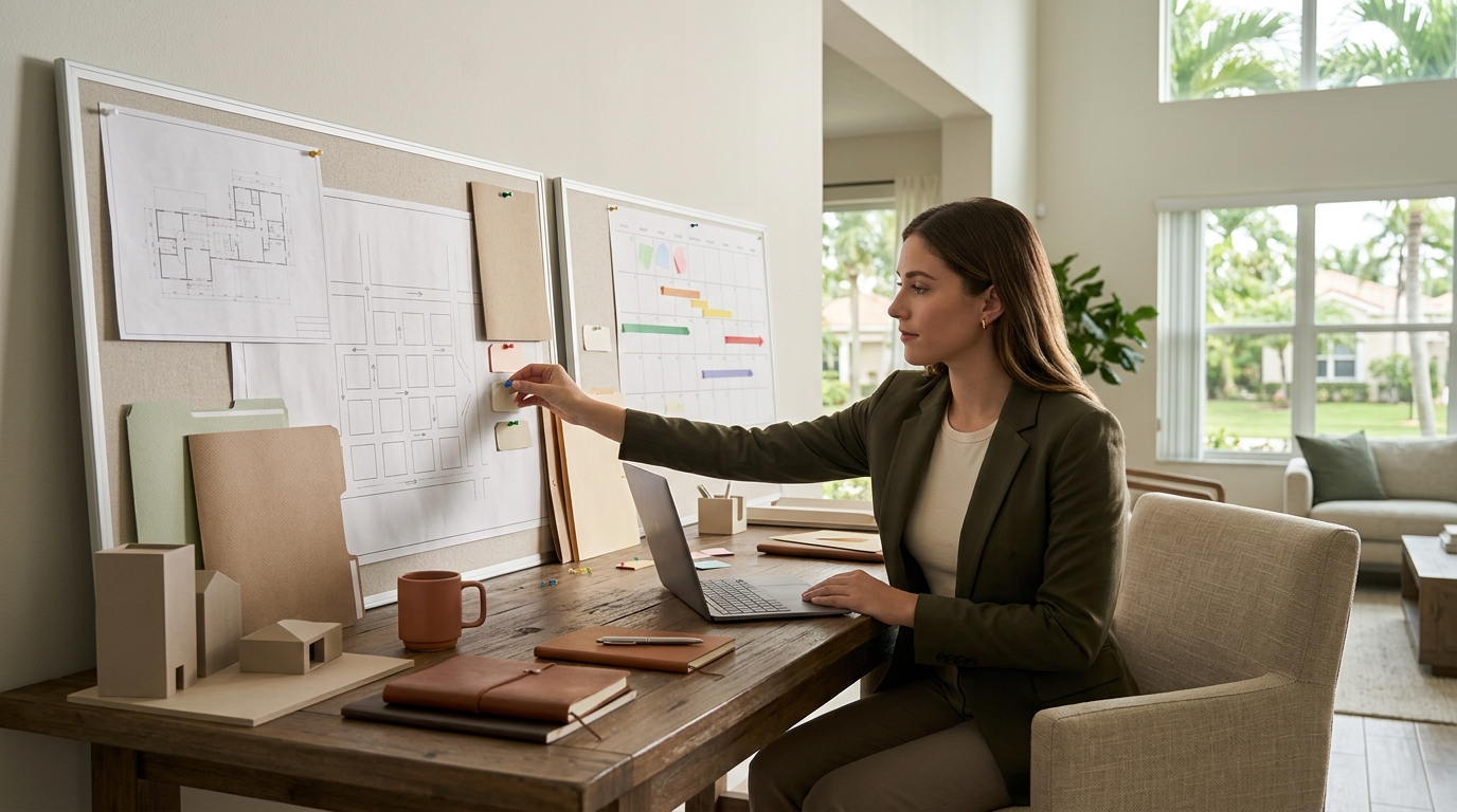 Florida real estate agent marking a calendar beside a laptop and printed contract in a bright home
