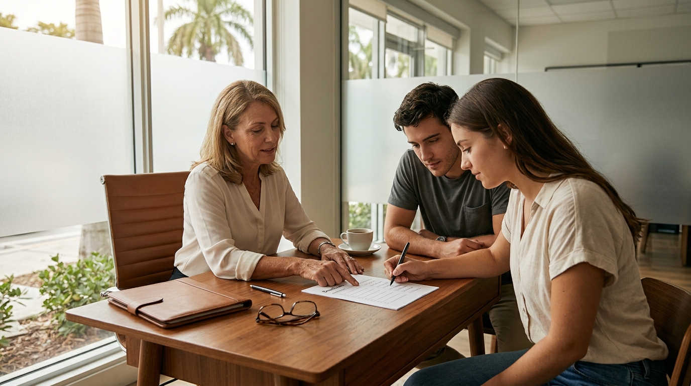 Real estate agent reviewing a rental document with a young couple at a table in a bright South Florida office