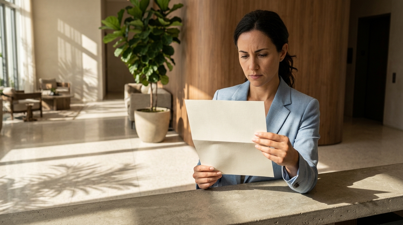 Real estate agent reviewing an estoppel certificate at a Florida condominium front desk
